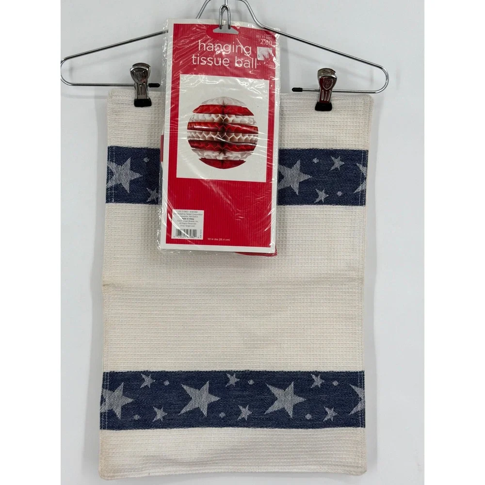 Patriotic Waffle Weave Placemat & Hanging Tissue Ball Decor Stars Stripes July 4